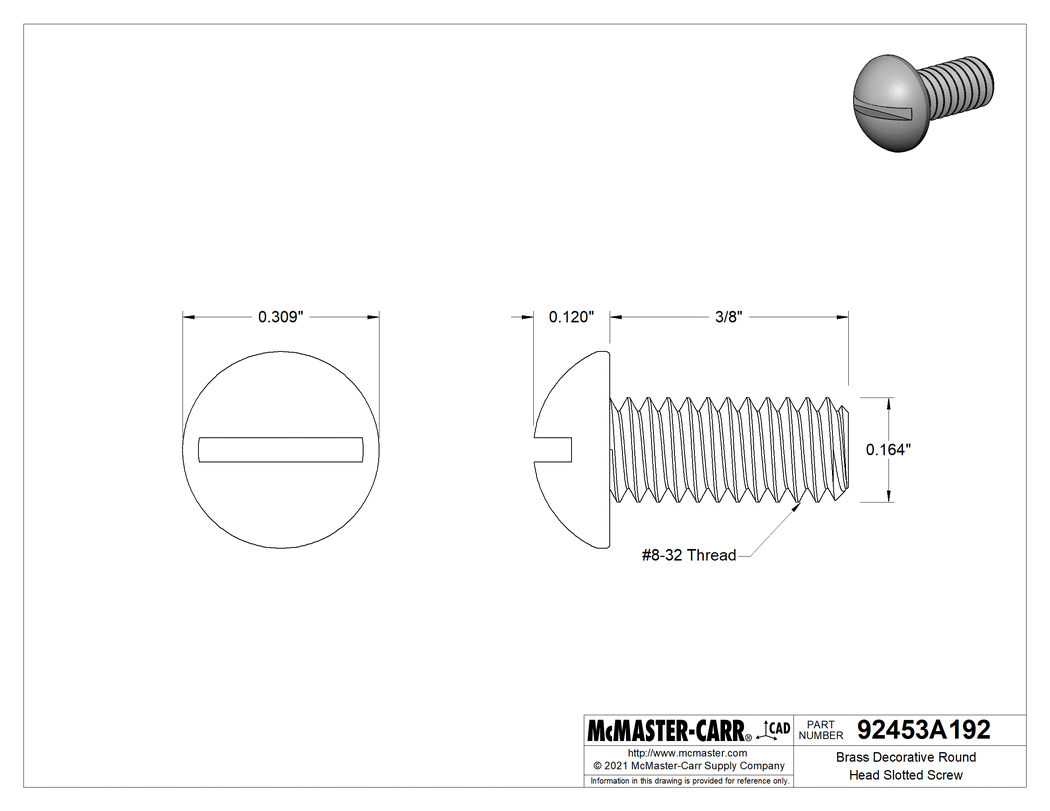 Technical Drawing of Brass Decorative Round Head Slotted Screw, 8-32 Thread Size, 3/8" Long.